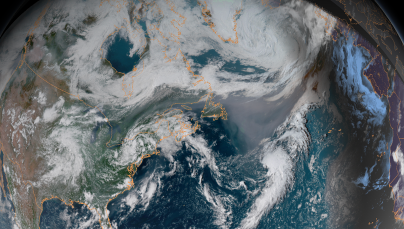 Smoke is clearly visible on GOES-16 satellite imagery crossing the Atlantic.